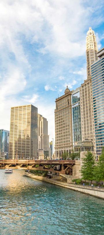 view of Chicago river and surrounding buildings in downtown area