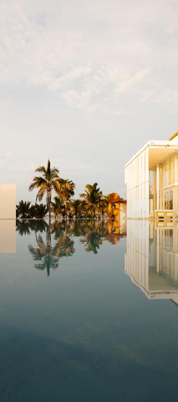 Pristine white buildings surrounding a man-made pond at Viceroy Los Cabos